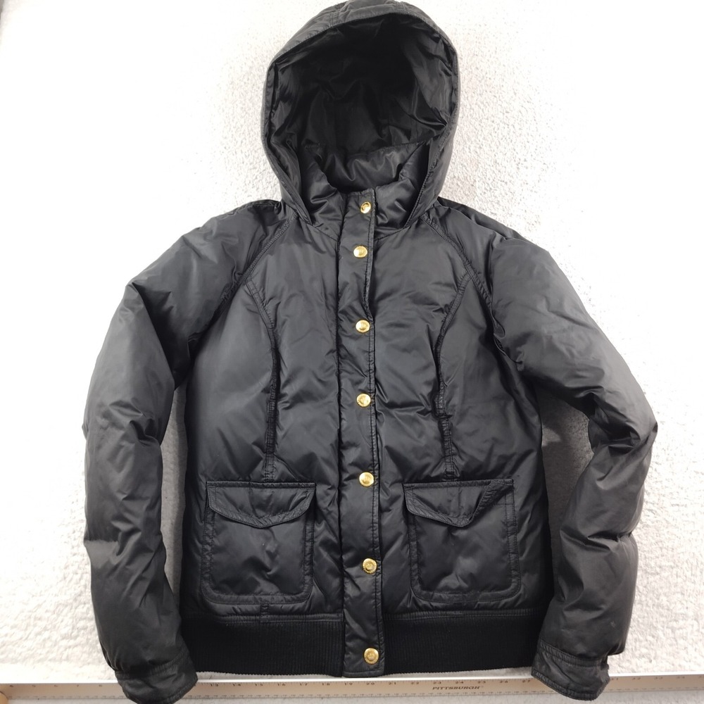 Juicy Couture Down Puffer Jacket Hooded Black Pockets Women's Medium Gold Zip
